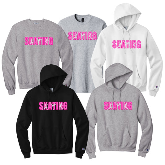 Collection of hoodies and sweatshirts with 'SKATING' text in pink with a female figure skater doing different elements.