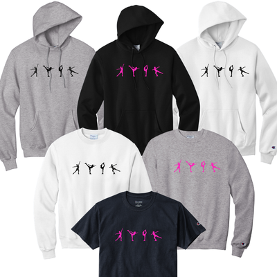 Collection of hoodies and t-shirts with dance pose designs on a white background