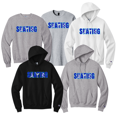 Collection of hoodies and sweatshirts with 'SKATING' text in blue.