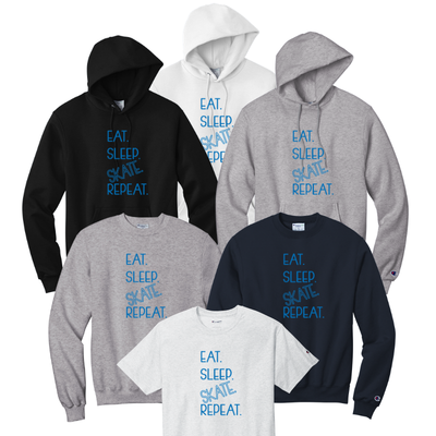 Collection of hoodies and sweatshirts with 'Eat Sleep Skate Repeat' text on a white background