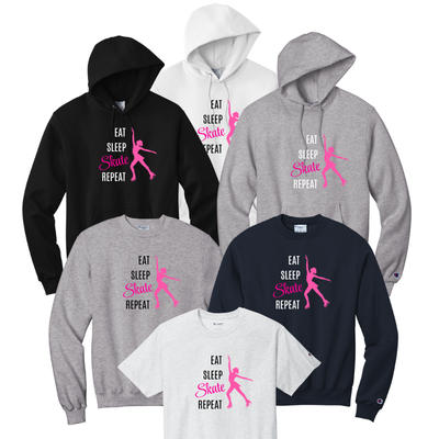 Collection of hoodies and sweatshirts with 'Eat Sleep Skate Repeat' text and graphic on a white background