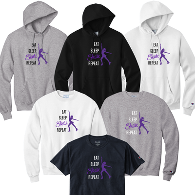 Collection of hoodies and t-shirts with 'Eat Sleep Skate Repeat' text and graphics on a white background.