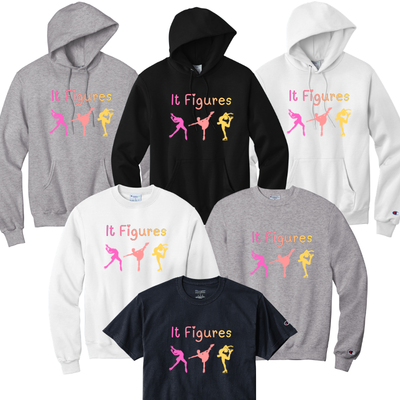 Collection of hoodies and t-shirts with 'It Figures' and figure skater graphics.