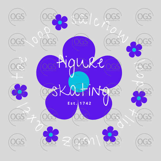 Figure skating design with jumps and elements in white font and blue azure flowers.