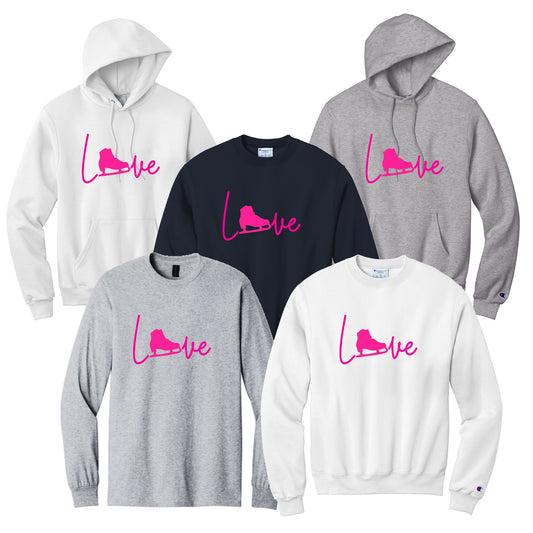 Apparel with hot pink 'Love" graphic with a skate boot replacing the 'O'.