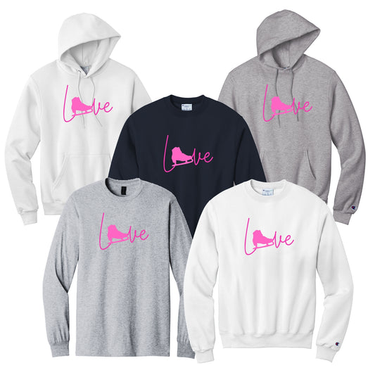Hoodies and tees with 'love' design where skate boot replaces the letter 'o' in pink.