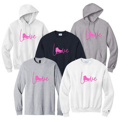 Apparel in different colors with 'love' figure skate design.