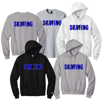 Collection of hoodies and sweatshirts with 'SKATING' text in blue and male skater in black font.