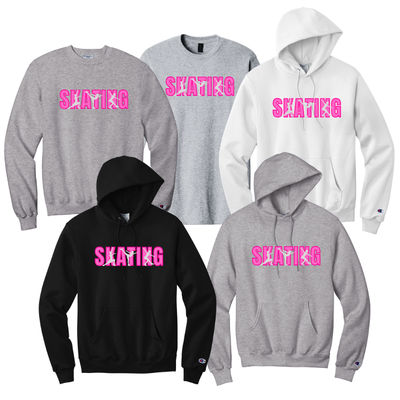 Collection of hoodies and sweatshirts with 'SKATING' text in pink with skater moves.