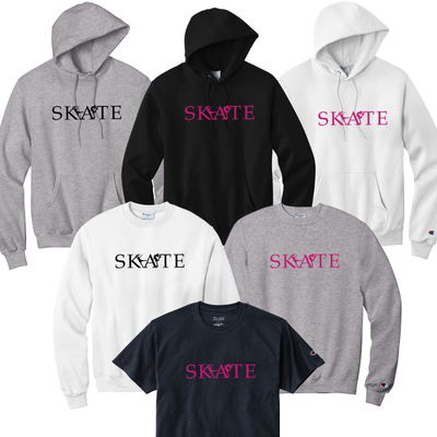 Apparel with Pink or Black Black 'SKATE' text with figure skater between the text.