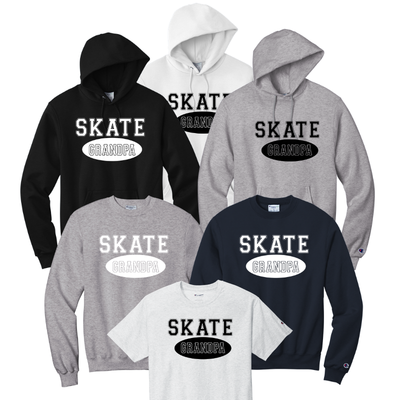 Collection of hoodies and sweatshirts with 'SKATE' Grandpa" in white or black font.