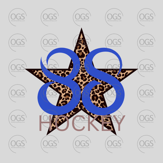 A graphic design featuring a five-point star filled with a brown and black leopard print pattern, overlaid with large blue numbers '88' and the word 'HOCKEY' in muted pinkish-brown below.