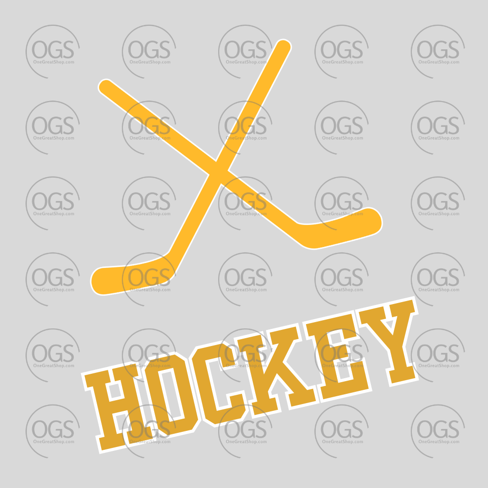 A yellow hockey graphic design featuring two crossed hockey sticks above the word 'HOCKEY'.
