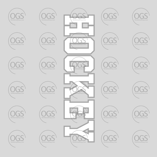A vertical graphic featuring the word 'HOCKEY' in large white block letters with gray outline.