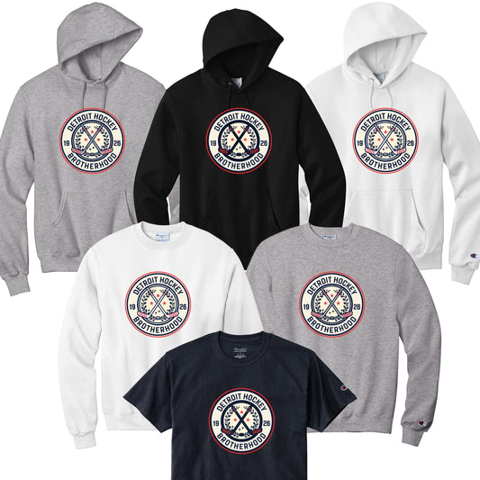 Collection of hoodies and t-shirts with a Detroit Hockey Brotherhood logo.
