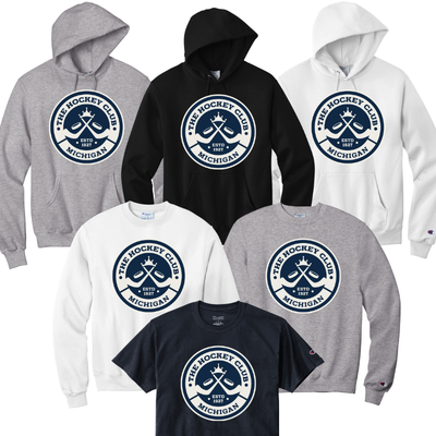 Collection of hoodies and t-shirts with a hockey club logo on a white background