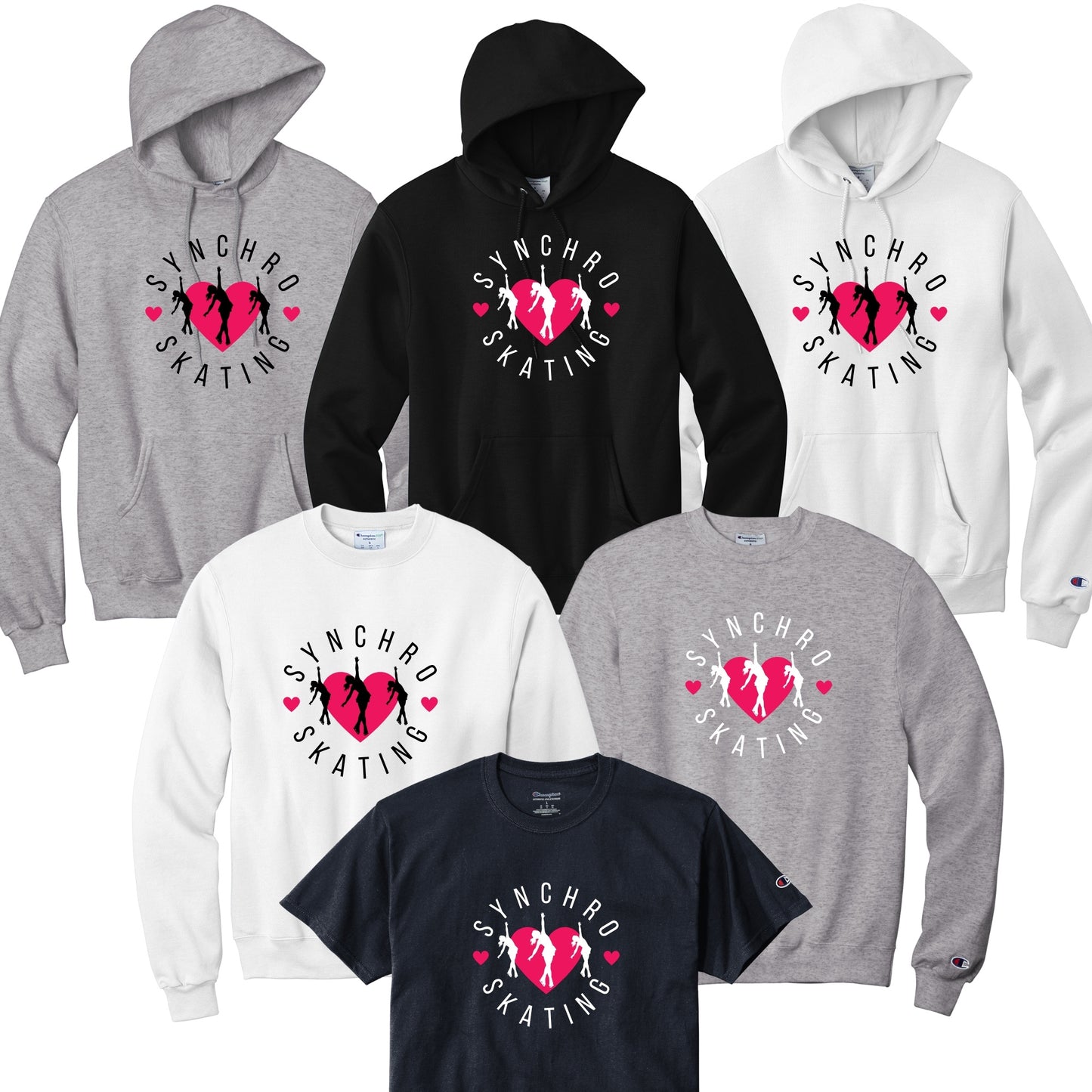 Collection of hoodies and t-shirts with synchro skating design heart synchro skating.