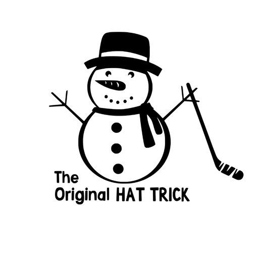 Black and white illustration of a snowman with a hockey stick and text 'The Original HAT TRICK' on a white background.