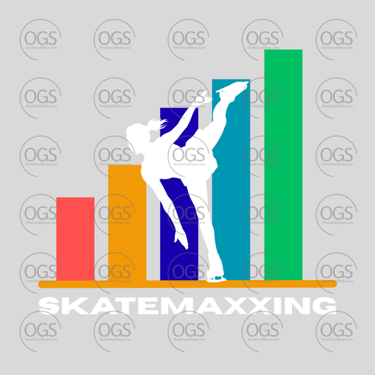Colorful bar graph with silhouettes of female skater 'Skatemaxxing' in white font.