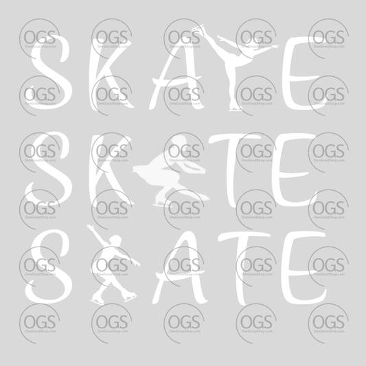 White 'Skate' text with silhouette figure skaters.