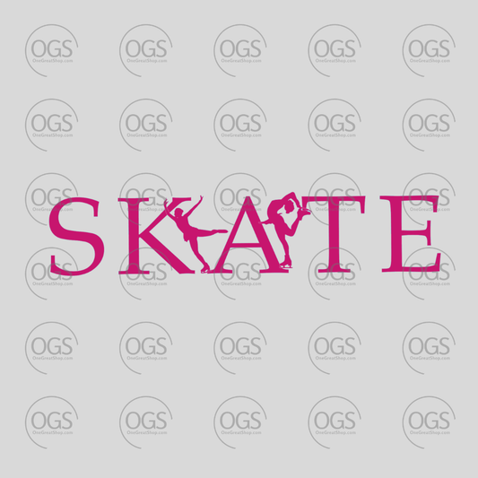 Pink 'SKATE' text with figure skater between the text.