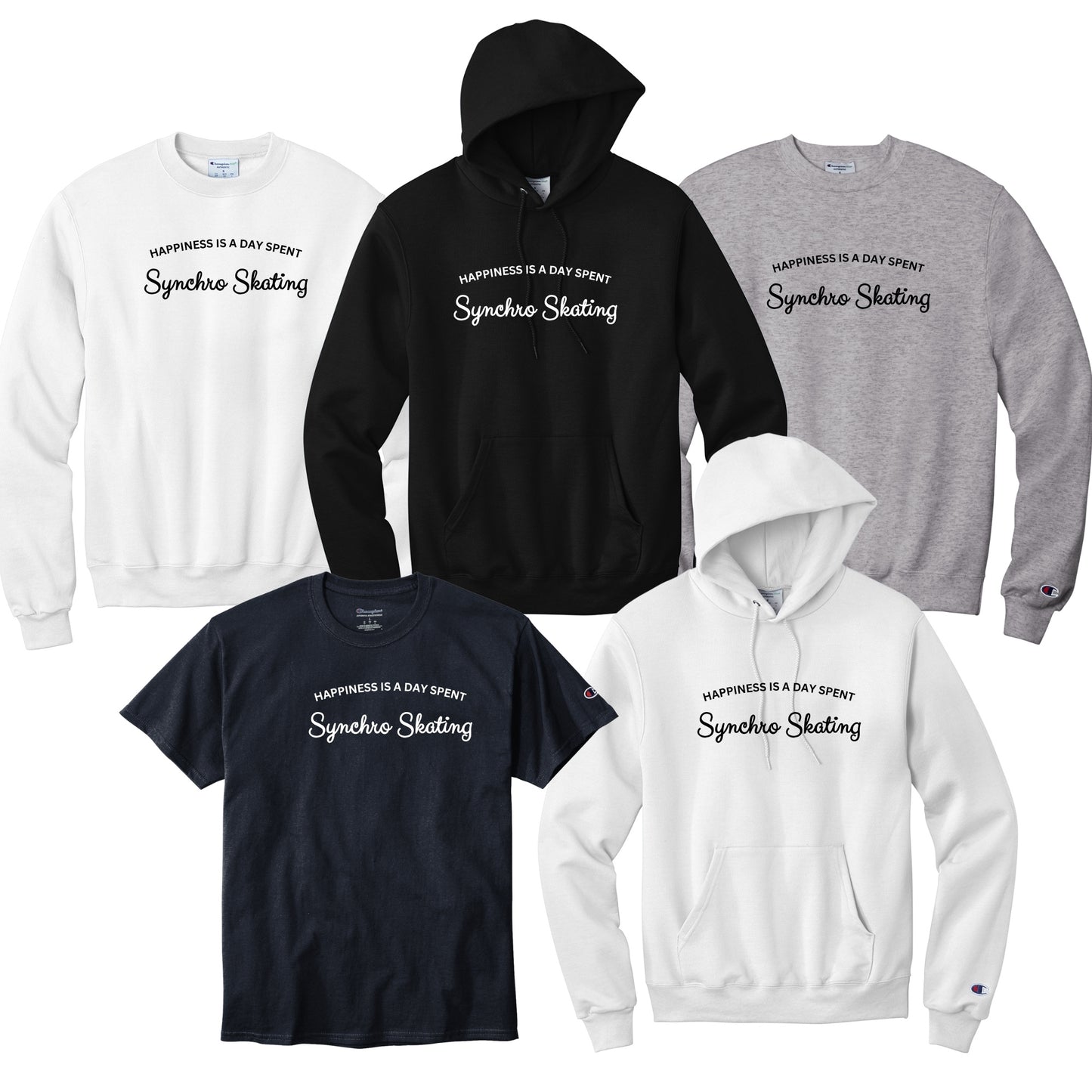 Synchro Design Happiness is a Day Spent Synchro Skating in black or white font.