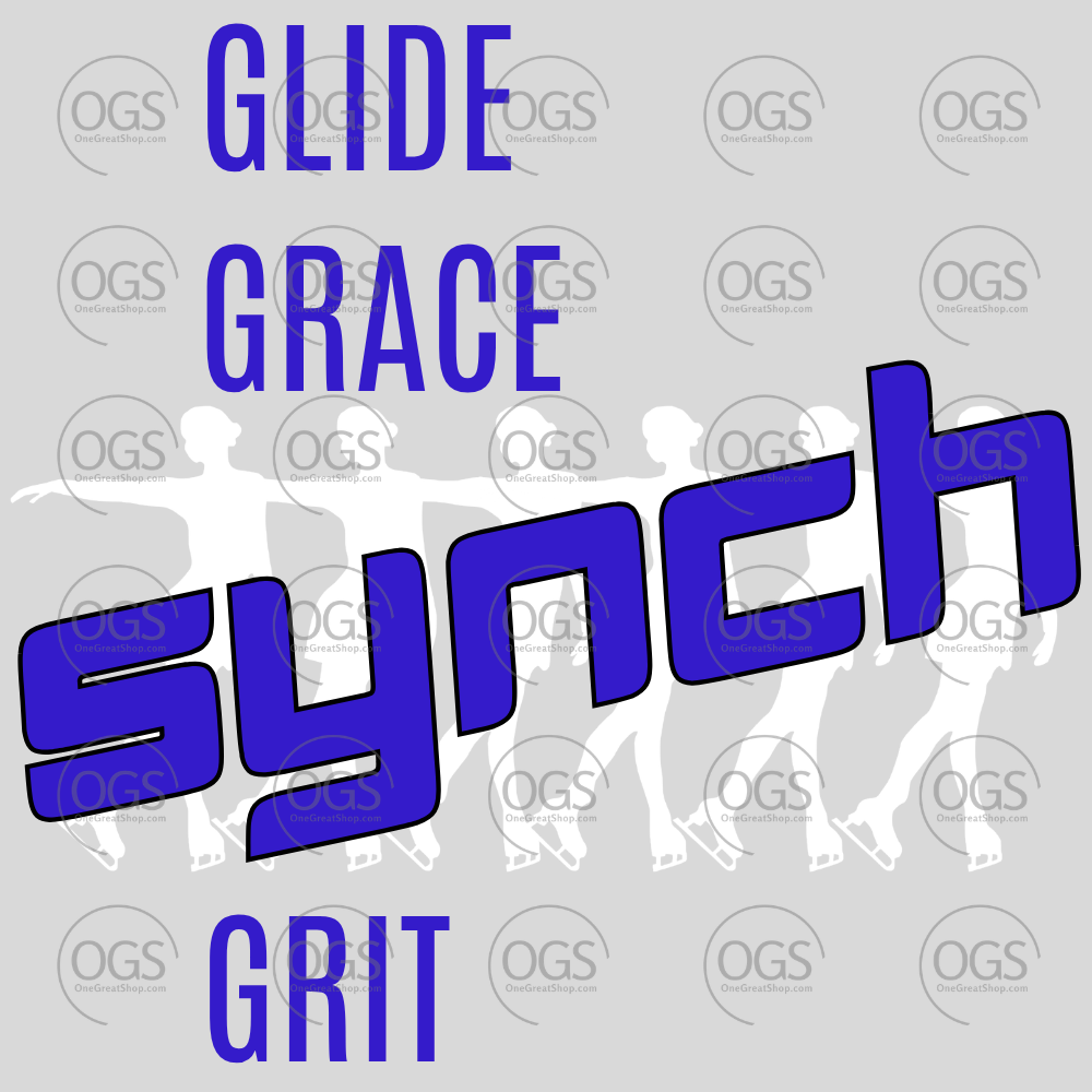 Synchro Design Glide, Grace, Synch, Grit in blue with white font.