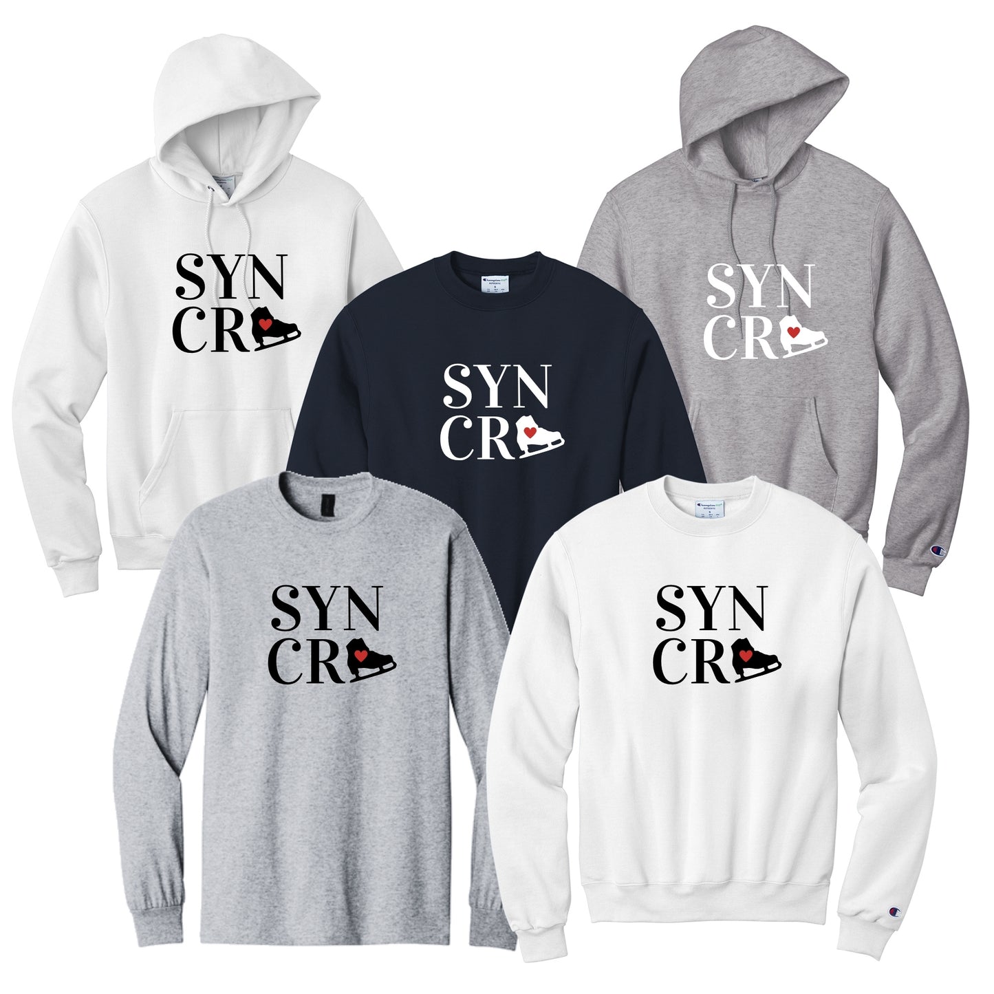 Synchro Skating Design Synchro Square Red Heart in black or white font in your choice of apparel.