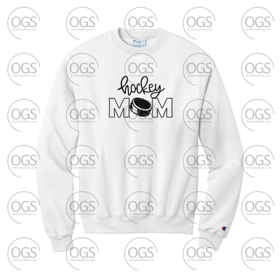White sweatshirt with 'Hockey Mom' text and graphic on a white background