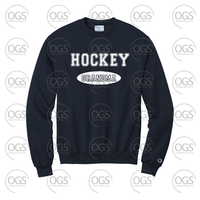Navy sweatshirt with 'Hockey Grandma' text on a white background with OGS branding.