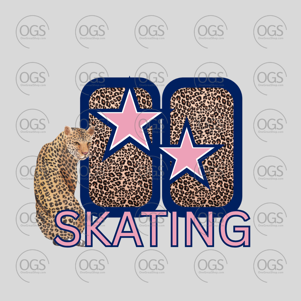 A graphic design featuring the number 88 in leopard print with pink stars, a seated leopard on the left, and the word 'SKATING' in pink outlined letters on a light gray background with repeated OGS watermarks.