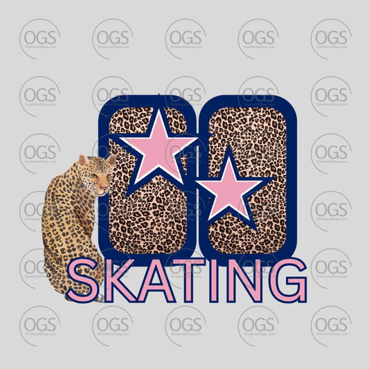 A graphic design featuring the number 88 in leopard print with pink stars, a seated leopard on the left, and the word 'SKATING' in pink outlined letters on a light gray background with repeated OGS watermarks.