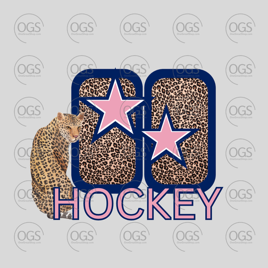 A digital graphic design featuring the number 88 in a cheetah print pattern with pink stars, a seated leopard on the left, and the word 'HOCKEY' in pink outlined letters.