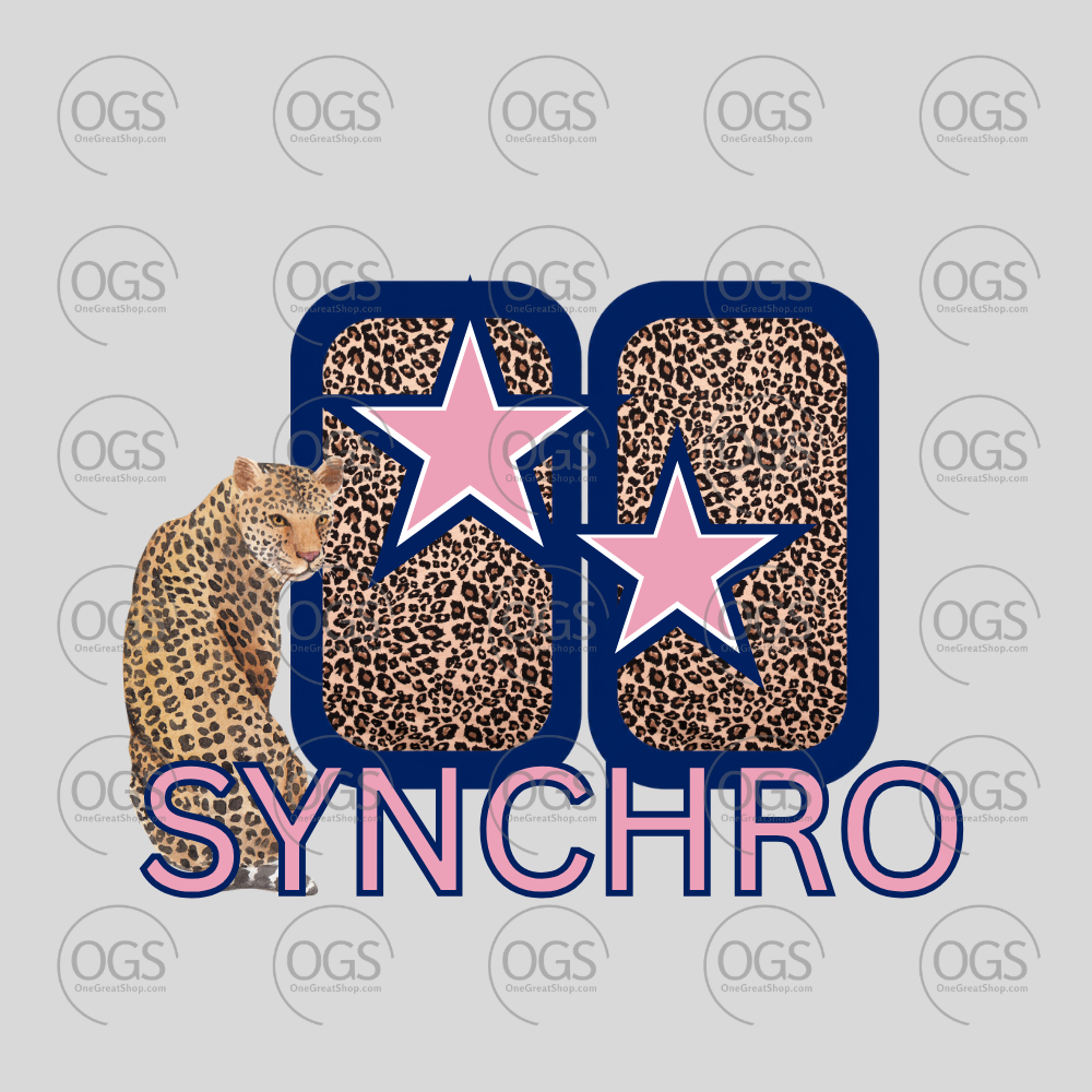 A graphic design featuring a Cheetah sitting beside large blue-outlined numbers filled with leopard print and pink star shapes, with the word SYNCHRO in pink outlined letters below. 
