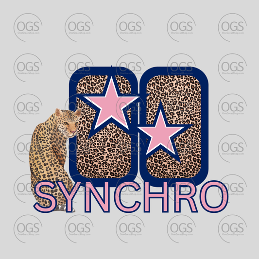 A graphic design featuring a Cheetah sitting beside large blue-outlined numbers filled with leopard print and pink star shapes, with the word SYNCHRO in pink outlined letters below. 