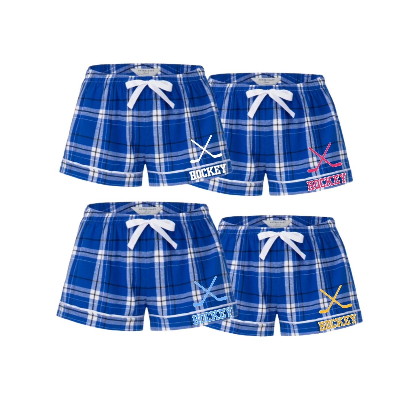 Blue plaid hockey shorts with hockey stick graphic, and 'HOCKEY' printed on left leg.