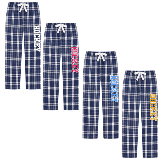 Shop flannel pants with white drawstrings and vertical 'HOCKEY' text in white, pink, light blue, and yellow fonts.