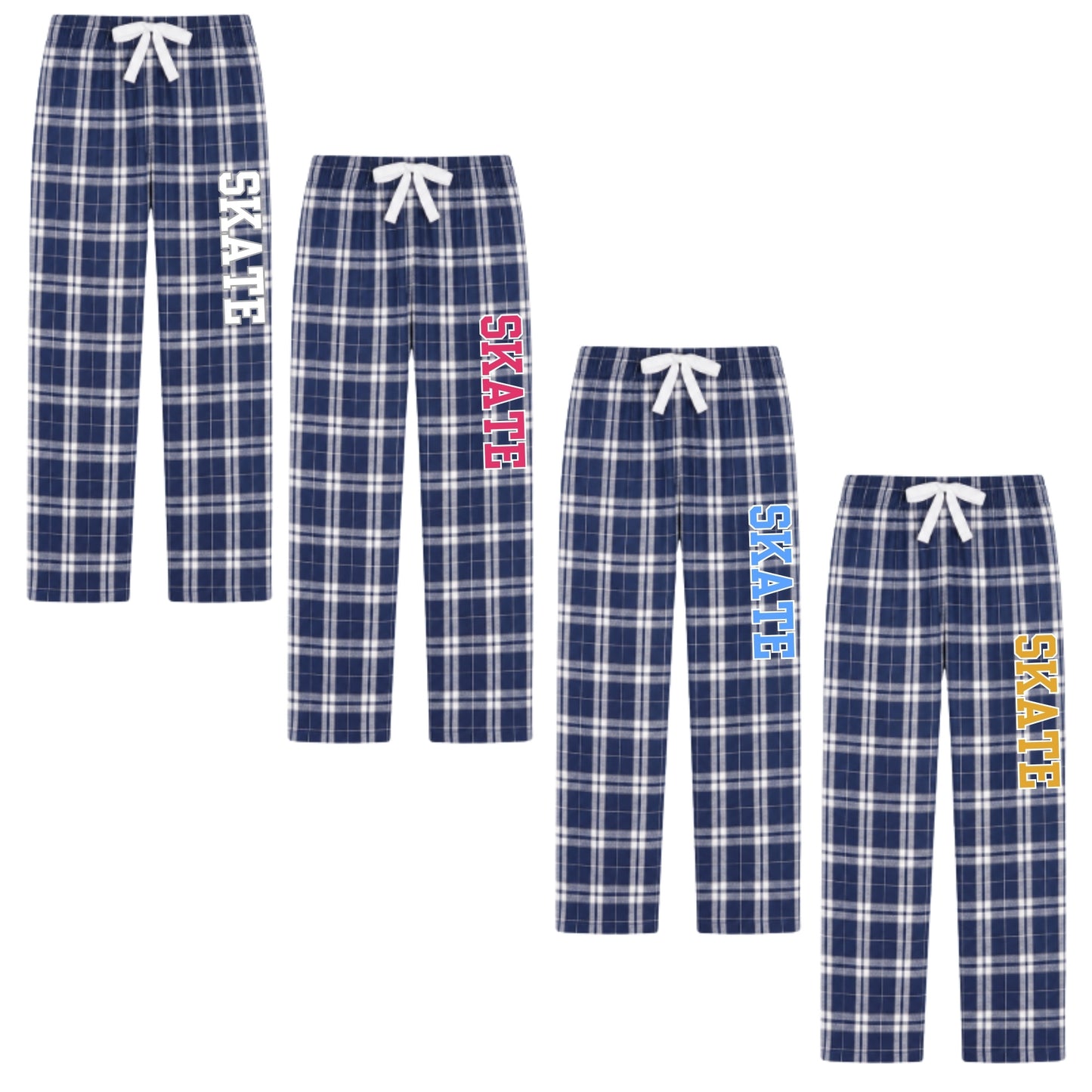 Four pairs of kids' plaid pajama pants in navy blue, white, and blue tones, each with a white drawstring and vertical 'SKATE' text printed on one leg in white, pink, light blue, or yellow.