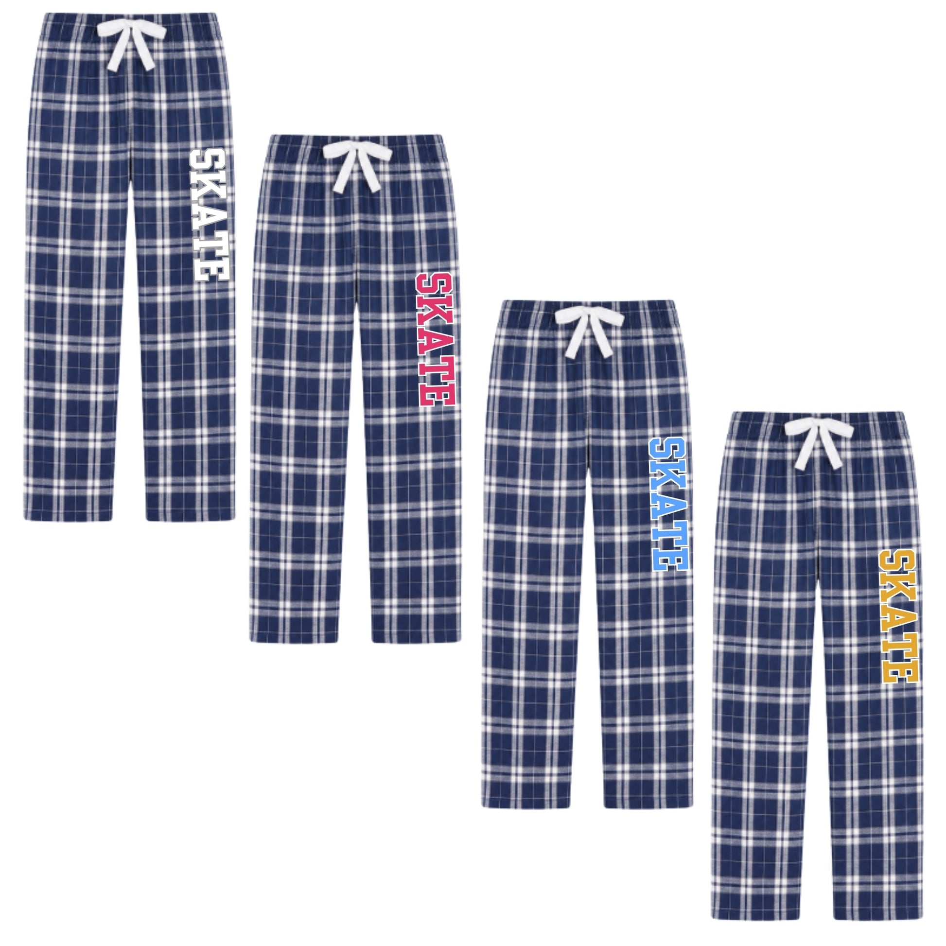 Four pairs of kids' plaid pajama pants in navy blue, white, and blue tones, each with a white drawstring and vertical 'SKATE' text printed on one leg in white, pink, light blue, or yellow.