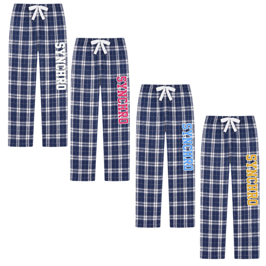 Shop flannel pants with white drawstrings and vertical 'SYNCHRO' text in different colorways (white, pink, light blue, yellow).