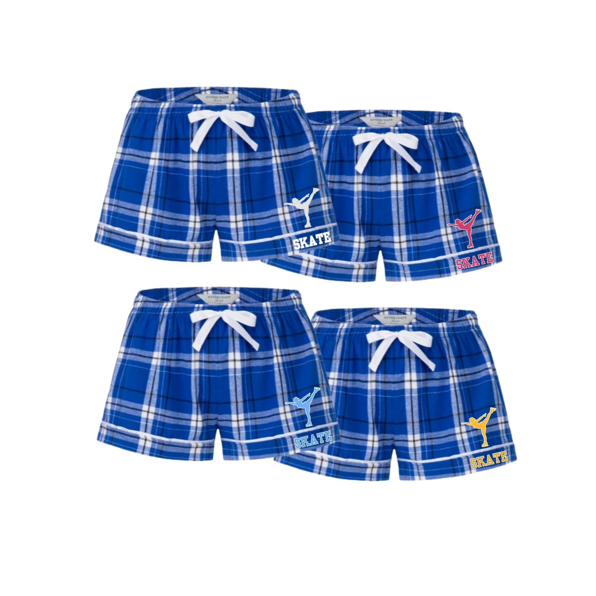 Four pairs of blue plaid shorts arranged in a 2x2 grid on a white background. Each pair has a white drawstring waist and a different colored logo on the left leg: white, red, light blue, and yellow.