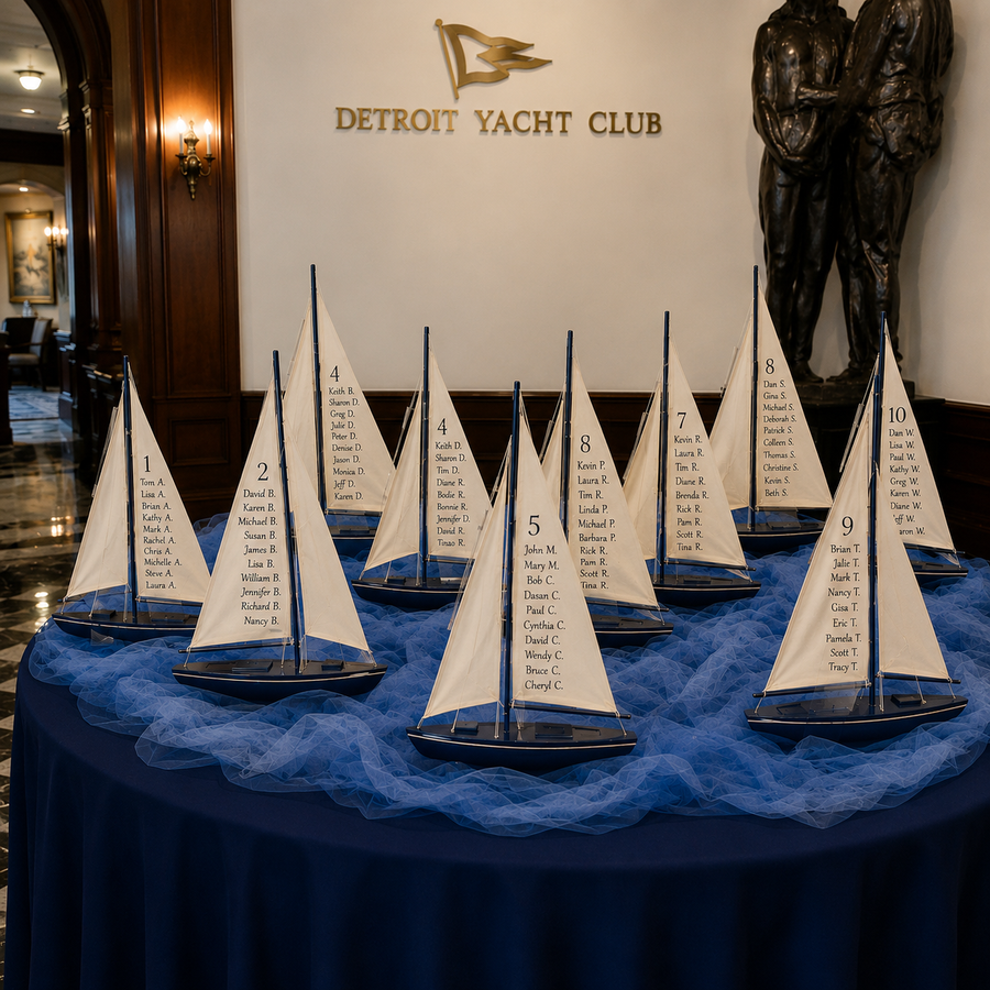 Custom made seating arrangement on sail boats for a yacht club wedding