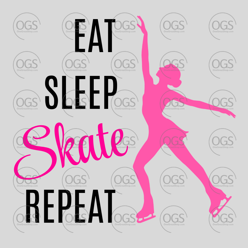 Silhouette of a skater with 'Eat Sleep Skate Repeat' text on a gray background with 'OGS' branding.