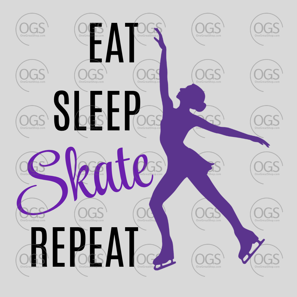 Silhouette of a figure skater with 'Eat Sleep Skate Repeat' text on a gray background with OGS logo.