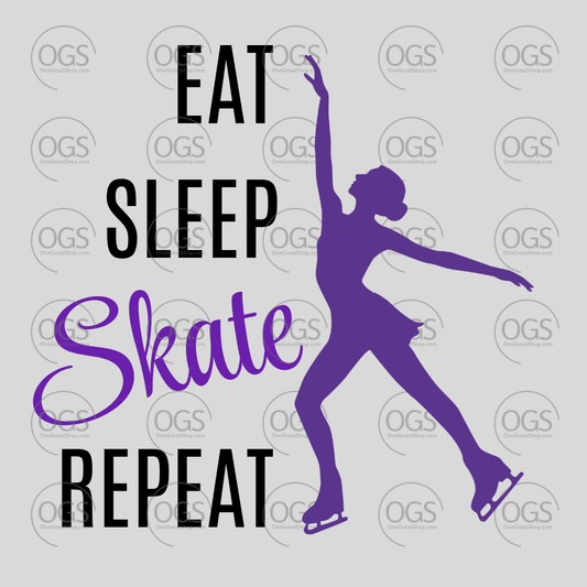 Purple silhouette of a figure skater with 'Eat Sleep Skate Repeat' text with black font.