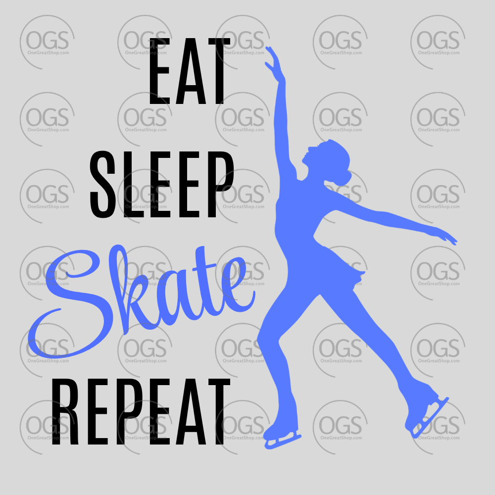 Silhouette of a figure skater with 'Eat Sleep Skate Repeat' text on a gray background with 'OGS' branding.