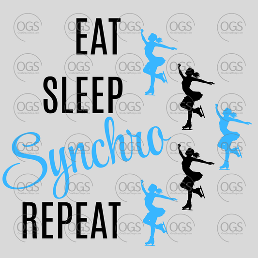 Synchro Design Eat, Sleep, Synchro, Repeat Blue Twizzles in black font.