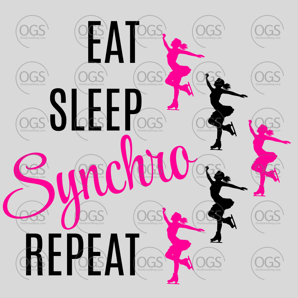 Synchro Design Eat, Sleep, Synchro, Repeat Pink Twizzles in black font.