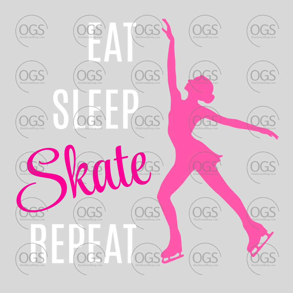 Pink silhouette of a skater with 'Eat Sleep Skate Repeat' text on a gray background with 'OGS' logo.