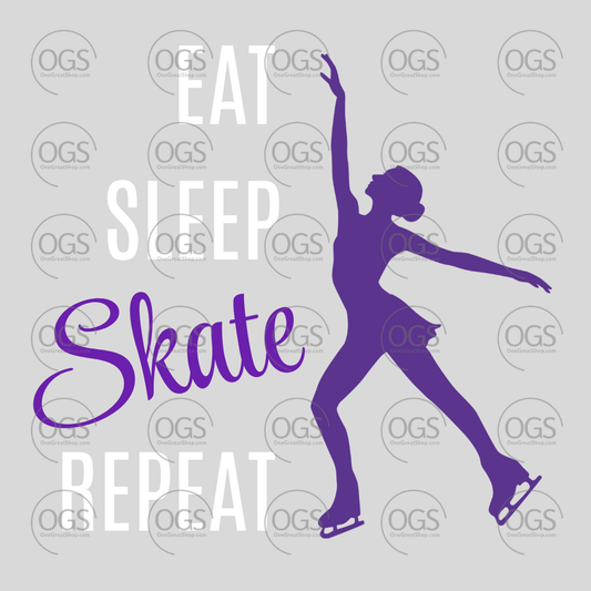 Purple silhouette of a figure skater with 'Eat Sleep Skate Repeat' text with white font.